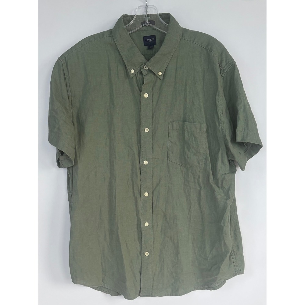 J.Crew Mens XL Slim Fit Short Sleeve Linen Cotton Button Down Shirt Sage Green